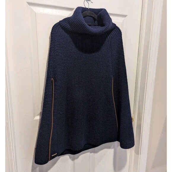 LAUREN RALPH LAUREN Waffle Knit Cowl Neck Poncho Sweater Navy Blue Wool Blend - Picture 2 of 7
